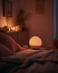 Warm-toned night lamp glowing in a cozy neurodivergent-friendly hotel room