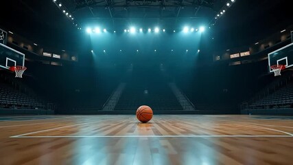 Basketball on court with stadium seating and bright overhead lights in a dark indoor arena - Powered by Adobe