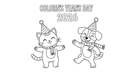 Fototapeta premium Adorable Cat and Dog in Party Hats: 2026 New Year's Coloring Page Design