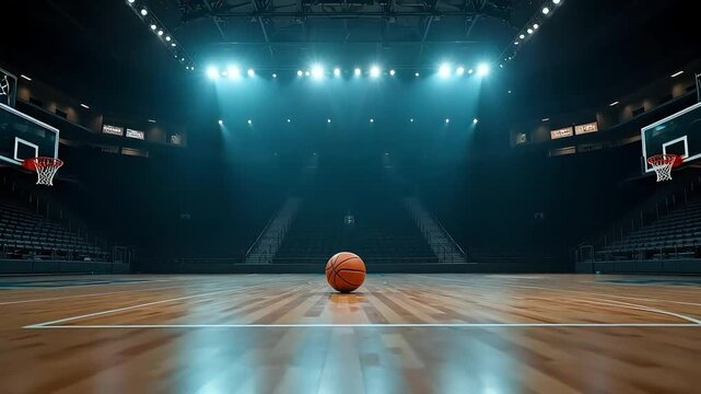 Basketball on court with stadium seating and bright overhead lights in a dark indoor arena - Powered by Adobe
