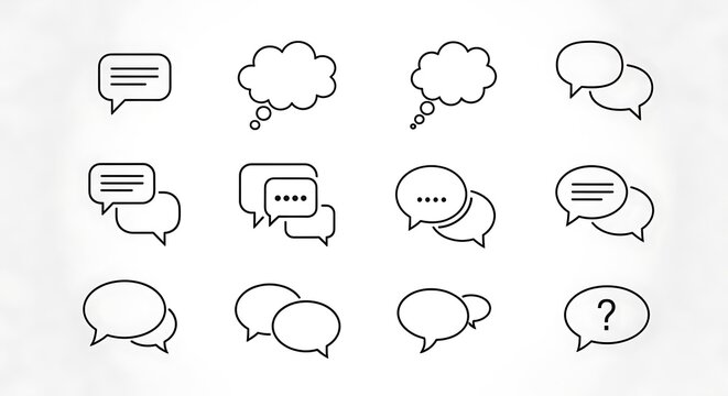 Collection of Minimalist Speech Bubbles and Thought Clouds on White Background - Powered by Adobe