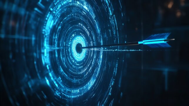 A glowing blue arrow pierces a target with concentric circles in a dark technological background