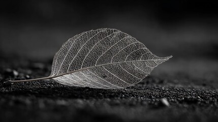 Close up of leaf skeleton ground fine detail macro in elegant black and white autumn theme