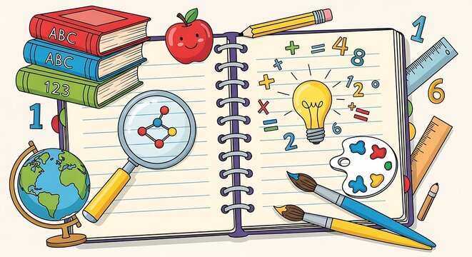 Colorful Back to School Supplies Arranged Around Open Notebook