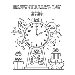 Happy Colear's Day 2026: Festive Clock, Cute Characters, Line Art Coloring Page Design