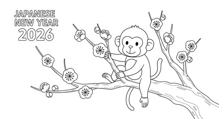 Adorable Cartoon Monkey on Plum Blossom Branch: Japanese New Year 2026, Line Art Illustration