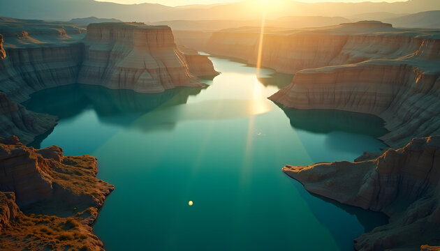 Stunning aerial view of a majestic canyon with a tranquil lake reflecting sunlight