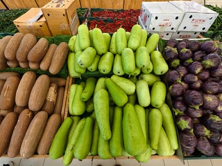 A market stall overflowing with fresh vegetables.  Green gourds, brown cucumbers, and purple eggplants, a feast for the eyes and the palate.
