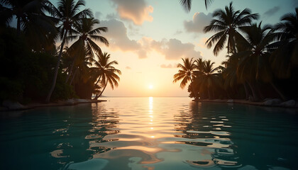 Tropical sunset paradise: Palm trees silhouette against vibrant horizon at dusk