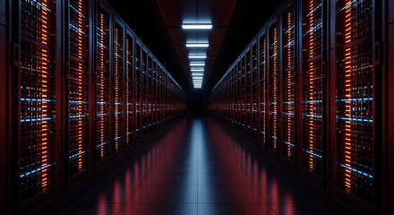 Illuminated corridor displaying a vast server farm with high-tech glowing technology panels