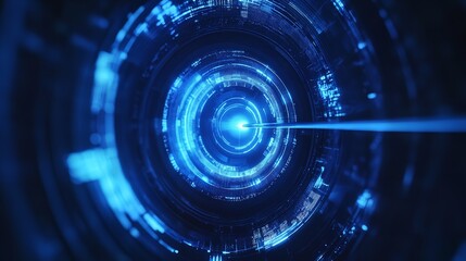 Obraz premium Abstract blue technological tunnel with a bright light at the end and a beam of light