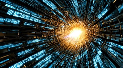 Abstract Digital Tunnel with Glowing Light and Data Stream