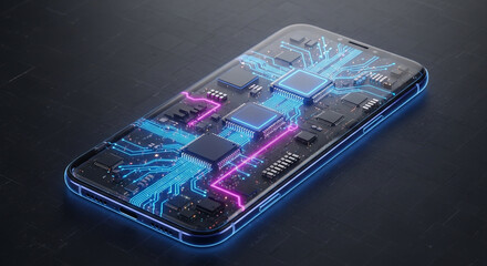 Futuristic smartphone internal circuit board with glowing blue and pink lights, representing advanced technology and data processing