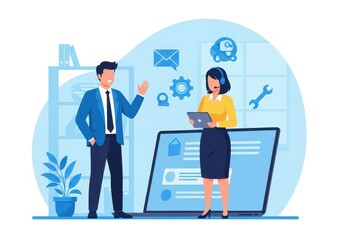 Flat illustration of a customer service team collaborates around a large laptop, offering support and solutions