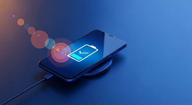 Smartphone charging wirelessly with a full battery indicator displayed on the screen, representing modern technology