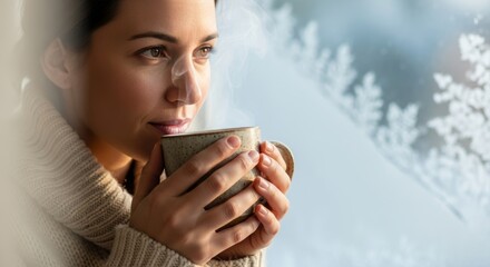 Peaceful woman in cozy sweater enjoying warm drink from handmade ceramic mug while looking out snowy winter window. Perfect hygge moment of comfort and relaxation.