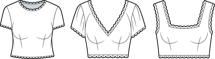 Women’s top illustration, scalloped edge design, round neckline, V-neckline, square neckline, fashion sketch, garment template, sleeve variation