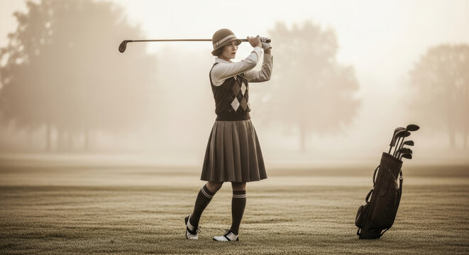 Elegant woman in vintage 1920s golf attire swinging club on misty course. Classic argyle vest, pleated skirt, and knee-high socks capture timeless golf fashion and sporting heritage.