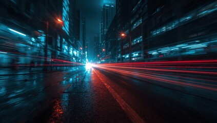 Fototapeta premium Rainy City Streets at Night Blurring With Light Trails
