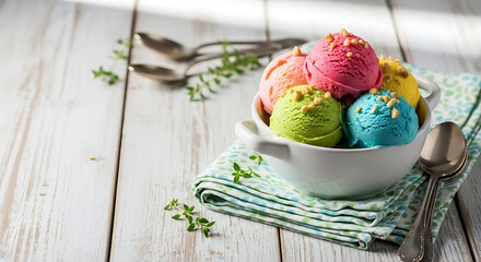 Colorful ice cream scoop medley served in a bowl with vintage spoons and garnish on light wooden