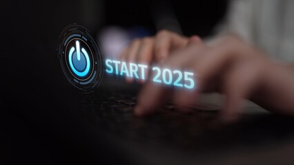 Start 2025 concept with futuristic power button symbolizing fresh beginnings, innovation, and digital transformation. Start 2025, new goals, and start 2025 initiative. Muxer