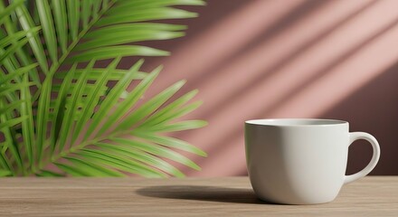 A cup of coffee on a wooden table with a plant and shadows in the background
