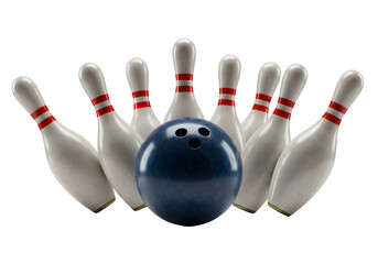 bowling ball hits bowling pins isolated on white or transparent background. PNG