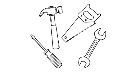 Naklejka premium Hand-drawn outline illustration of basic tools: hammer, saw, wrench, screwdriver; simple, minimalist style; DIY, repair concept.