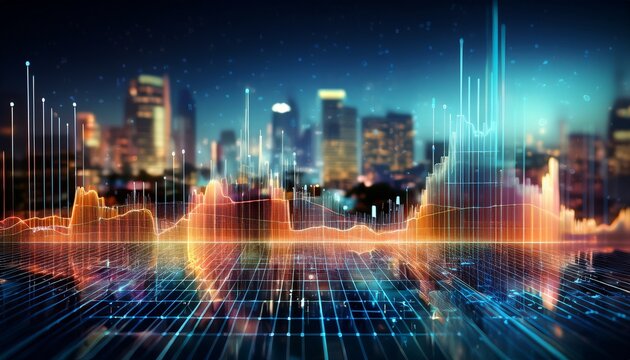 abstract financial graph with blurred city background at night - Powered by Adobe