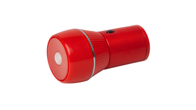 Red flashlight with silver band and button isolated on a transparent background black button