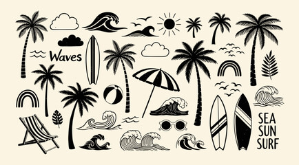 Obraz premium Collection of summer beach icons including palm trees, waves, surfboards, sun, and rainbows, perfect for vacation and travel themes