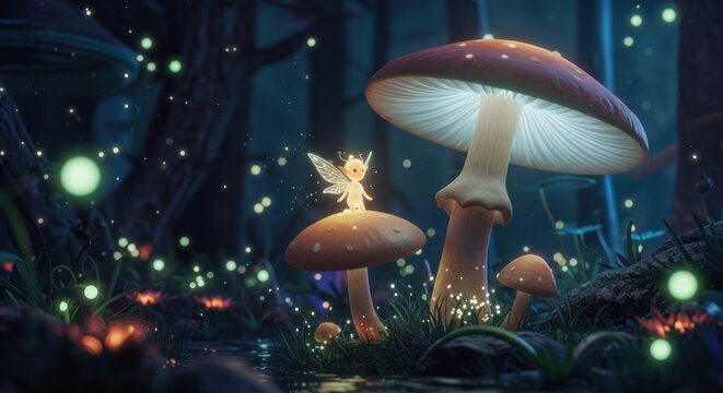 Fantasy forest scene with mushroom and glowing fairy character