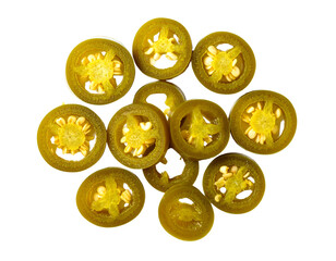 Fototapeta premium Neatly Arranged Pickled Jalapeño Slices in Circular Pattern, Top View, Realistic Style, Isolated on White PNG
