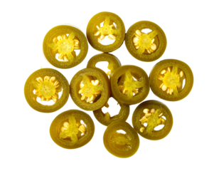 Neatly Arranged Pickled Jalapeño Slices in Circular Pattern, Top View, Realistic Style, Isolated on White PNG