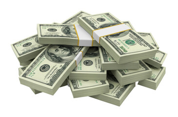 Stacks of hundred dollar bills piled together representing wealth and financial abundance. Cut out PNG