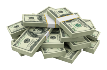 Stacks of hundred dollar bills piled together representing wealth and financial abundance. Cut out PNG