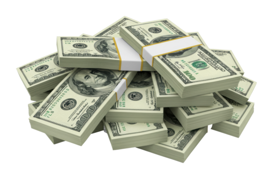 Stacks of hundred dollar bills piled together representing wealth and financial abundance. Cut out PNG