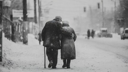 Elderly couple walking arm arm through snowy street heartwarming black and white winter lifestyle moment
