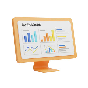 3d render of a computer monitor displaying a comprehensive data dashboard with charts, graphs, and statistics,