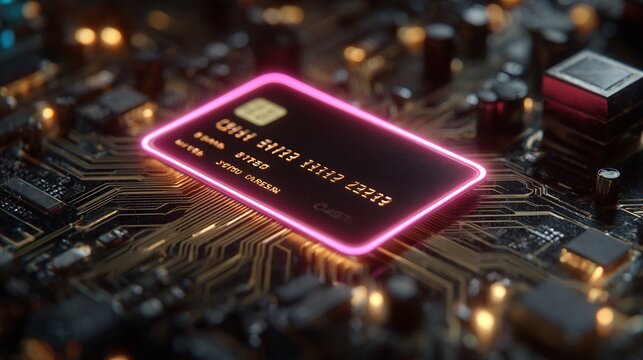 Cyberpunk style glowing credit card on a detailed computer circuit board