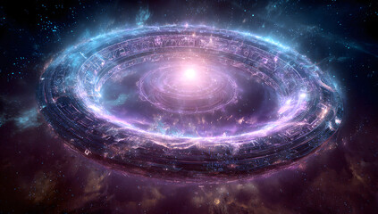 Massive, glowing portal suspended in the cosmos, swirling with radiant energy and sacred symbols. Inside the portal, holographic Akashic records of past lives universal wisdom, spiritual, metaphysical