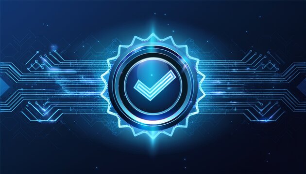 certified digital approval badge with glowing checkmark and technology background for branding or trust concept