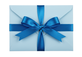 Blue envelope with blue ribbon and bow, top view, isolated on transparent background