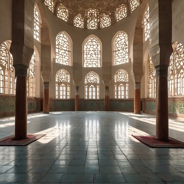 Beautiful Empty Mosque Interior with Symmetrical Islamic Architecture &ndash; Morning Natural Light