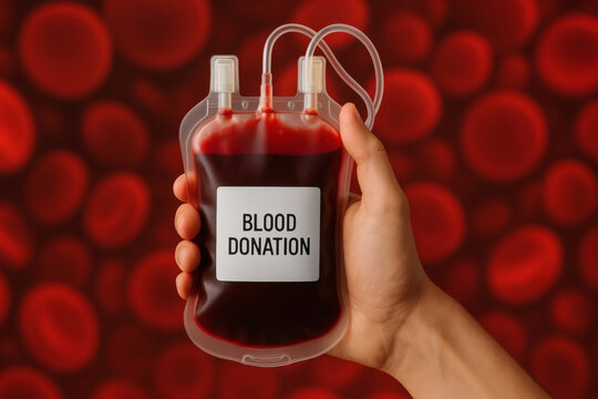Blood Donation Bag in Hand with Red Cell Background — Save Lives Concept
