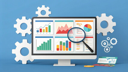 Financial metrics and market research, magnifying glass on screen, blue background technology concept