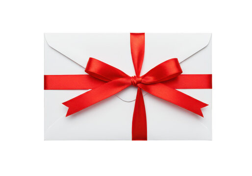 White envelope with red ribbon and bow isolated on transparent background