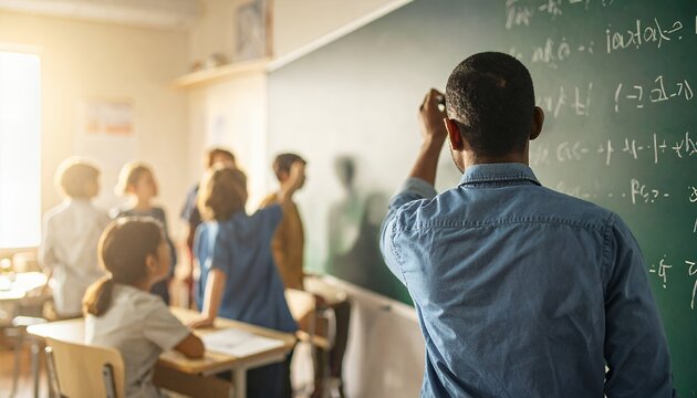 Teacher writing on a chalkboard in a sunlit classroom with students