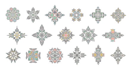 Detailed Vector Illustrations of Decorative Floral and Geometric Designs on White Background
