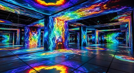 Immersive digital art installation with vibrant, colorful light projections in a futuristic, mirrored gallery space.